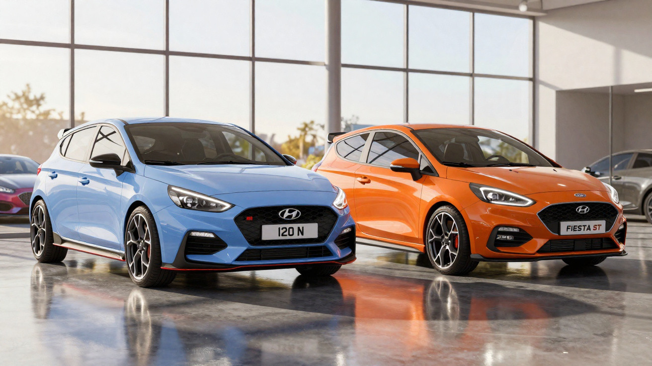 Zwei sportliche Kleinwagen, ein blauer Hyundai i20 N und ein oranger Ford Fiesta ST, in einem hellen Showroom.