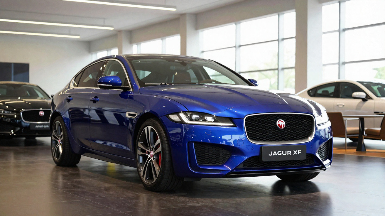 Blauer Jaguar XF steht in einem hellen Autohaus mit weiteren Fahrzeugen im Hintergrund.