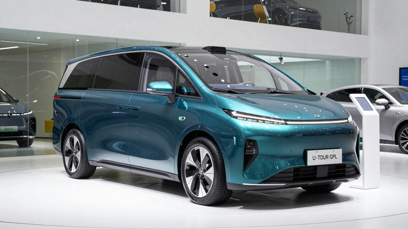 Blauer elektrischer Familienvan U-Tour GPL in moderner Ausstellungshalle auf weißer Plattform.