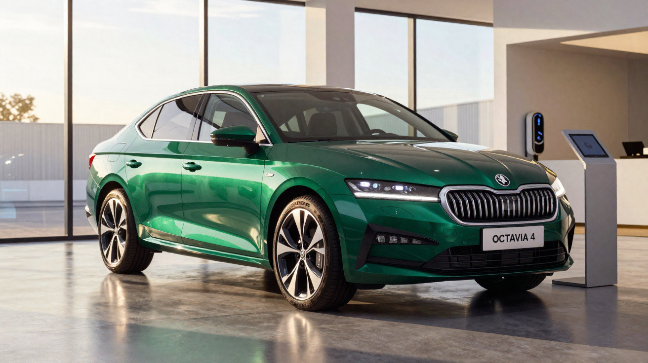 Grüner Skoda Octavia 4 Kombi in modernem Showroom mit großen Fenstern und Ladestation.