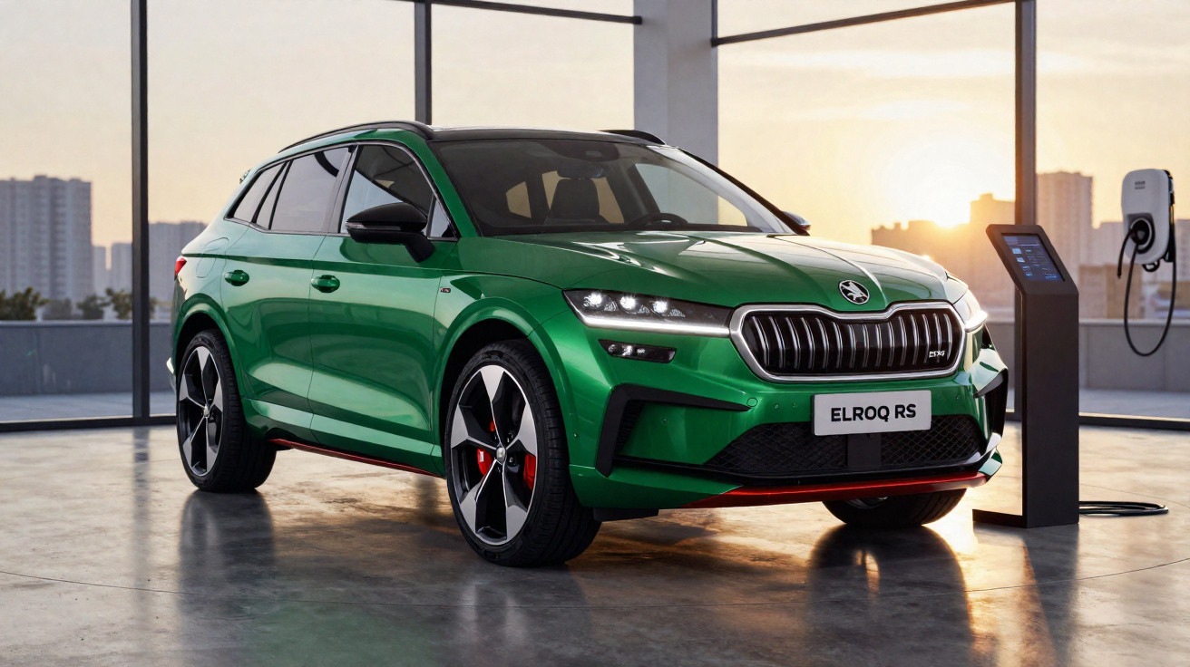 Grüner Škoda ELROQ RS Elektro-SUV lädt an Ladestation in modernem Gebäude bei Sonnenuntergang.