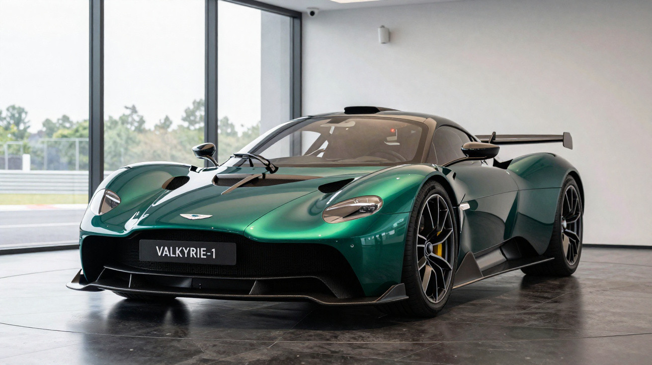Grüner Aston Martin Valkyrie Supersportwagen in einem hellen Ausstellungsraum, Frontansicht.