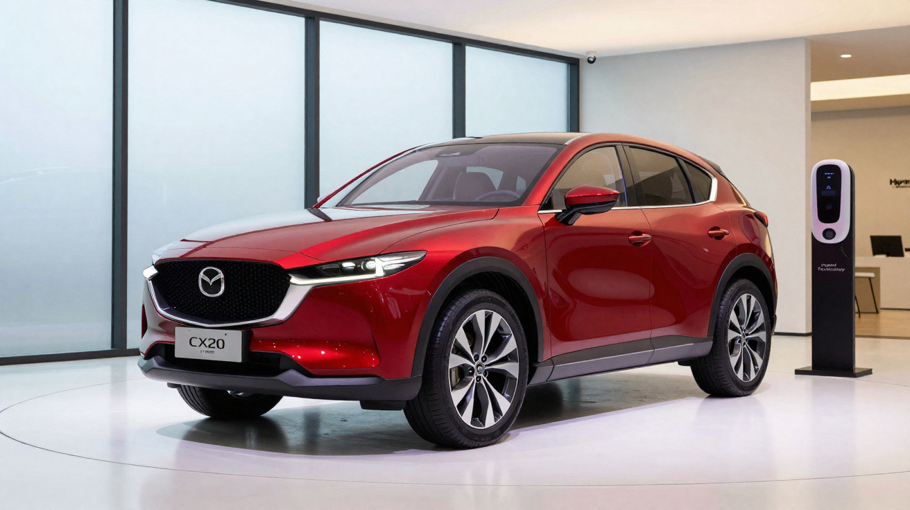 Roter Mazda CX-20 SUV in moderner Ausstellung mit Ladestation im Hintergrund.