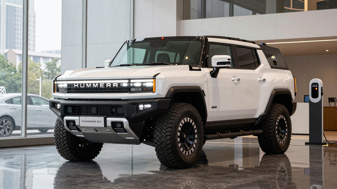 Weißer elektrischer Hummer-Geländewagen steht in modernem Showroom neben Ladestation.