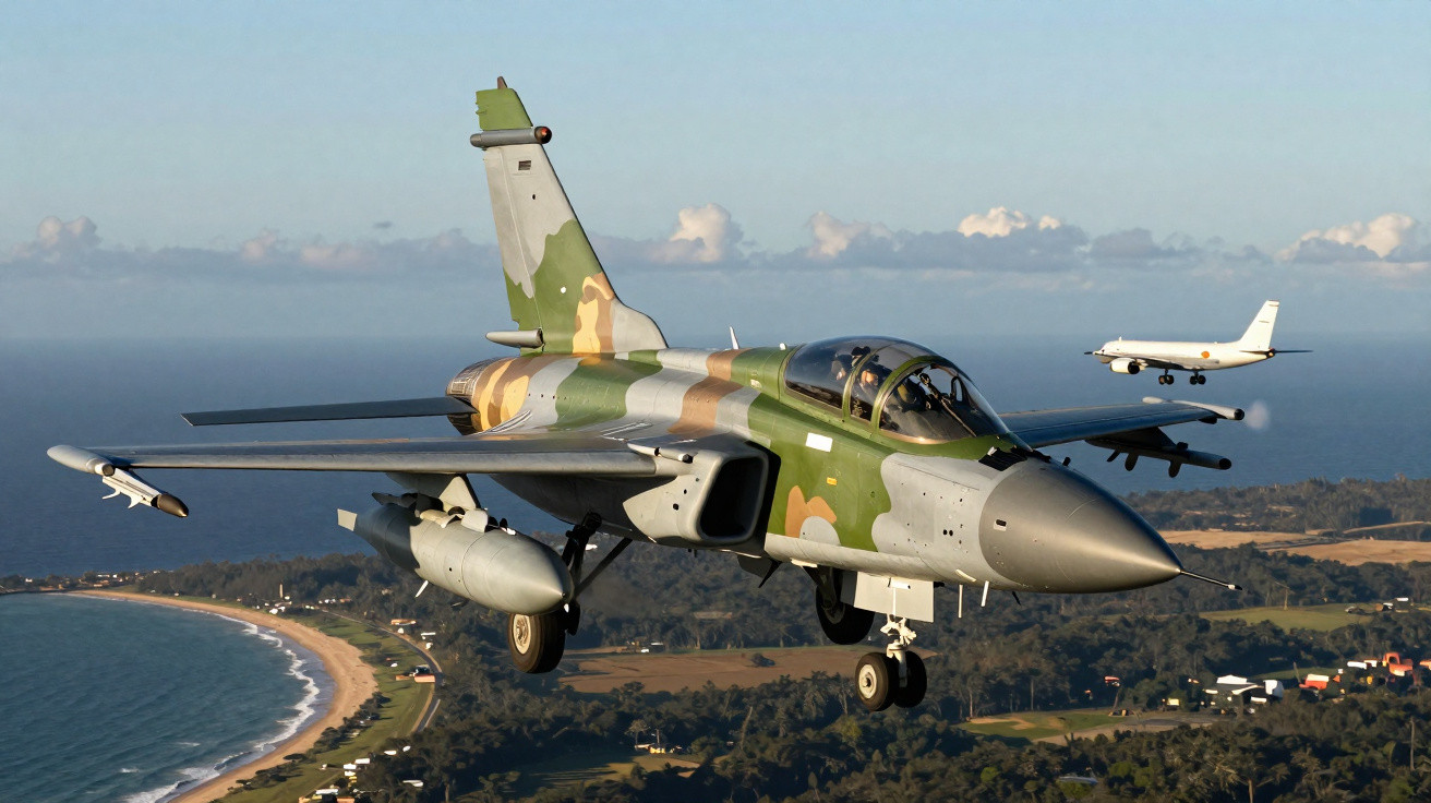 Kampfflugzeug im Tarnmuster im Flug über Küstenlandschaft mit Passagierflugzeug im Hintergrund.