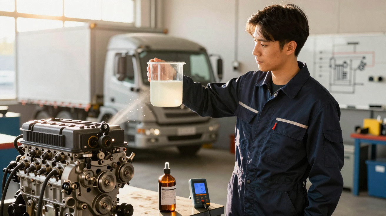 Mechaniker in Overall prüft Kühlmittel im Messbecher neben Motor in Werkstatt mit LKW im Hintergrund.