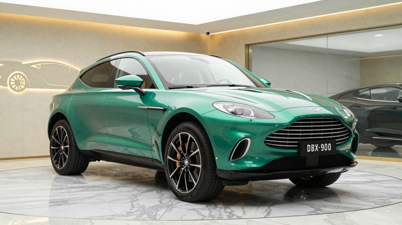 Grüner Aston Martin DBX-900 SUV in modernem Showroom mit Marmorboden und beleuchtetem Logo an der Wand.