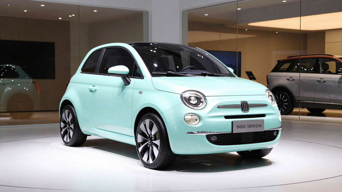Hellblauer Fiat 500 Ibrida Kleinwagen in moderner Ausstellungsumgebung mit Spiegelung im Hintergrund.
