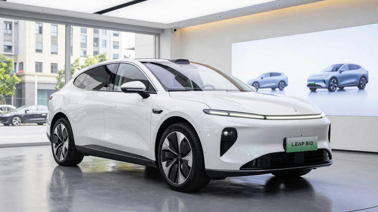 Weißes Leapmotor Leap Bio Elektroauto in modernem Showroom mit großem Fenster und Werbebild im Hintergrund.