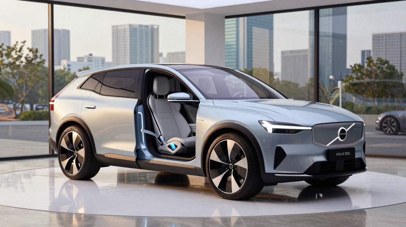 Silberner Volvo Elektro-SUV mit geöffneten Türen und modernem Innenraum in Showroom vor Stadtpanorama.