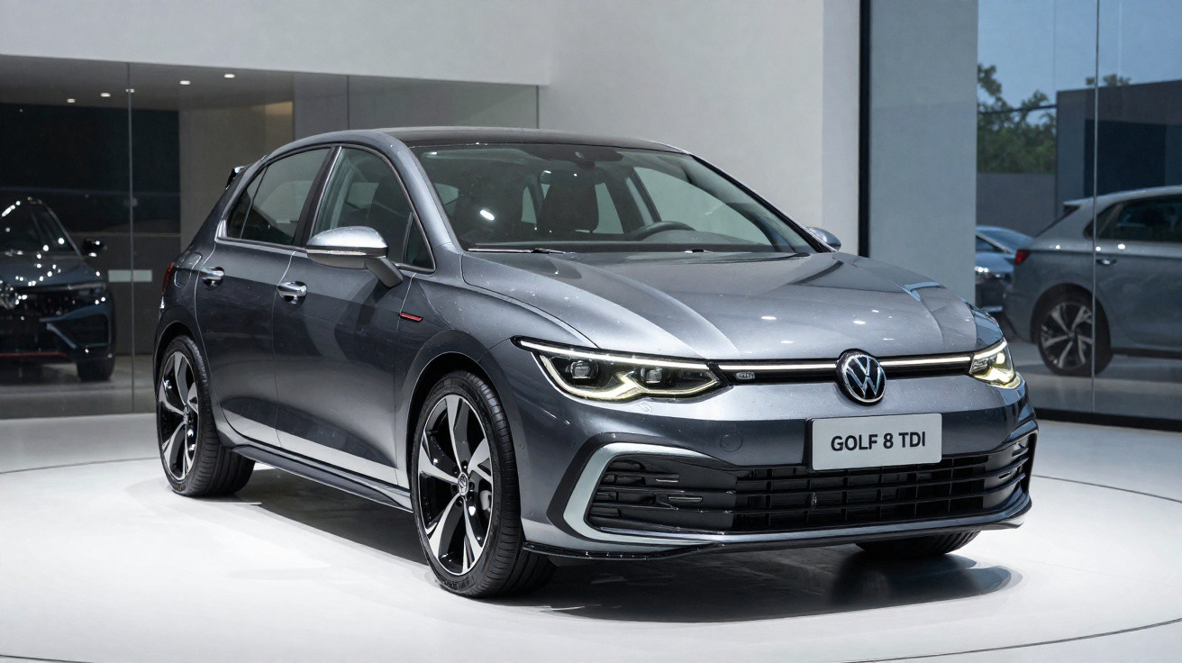 Grauer VW Golf 8 TDI als Neuwagen im Showroom mit moderner Front und LED-Scheinwerfern.