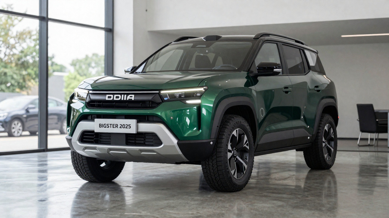 Dunkelgrüner DDIIA Bigster 2025 SUV im Showroom mit glasfront und Sitzbereich im Hintergrund.