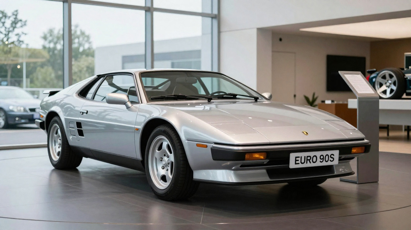 Silberner klassischer Sportwagen Ferrari Mondial mit EURO 90S Nummernschild in einem modernen Showroom.