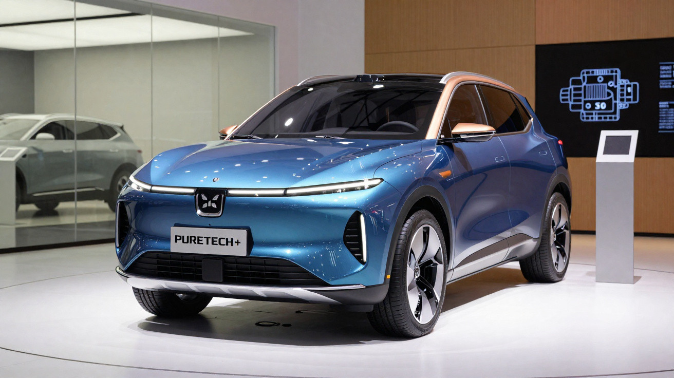 Blaues Elektro-SUV PURETECH+ auf weißem Ausstellungsstand mit modernem Design und LED-Scheinwerfern.