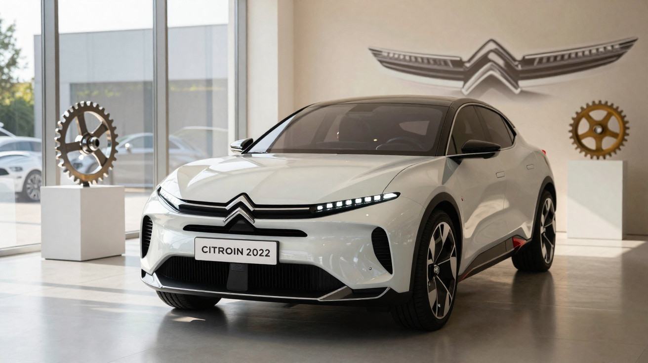 Weißes Citroën Elektroauto von 2022 in modernem Showroom, zwei dekorative Zahnräder im Hintergrund.