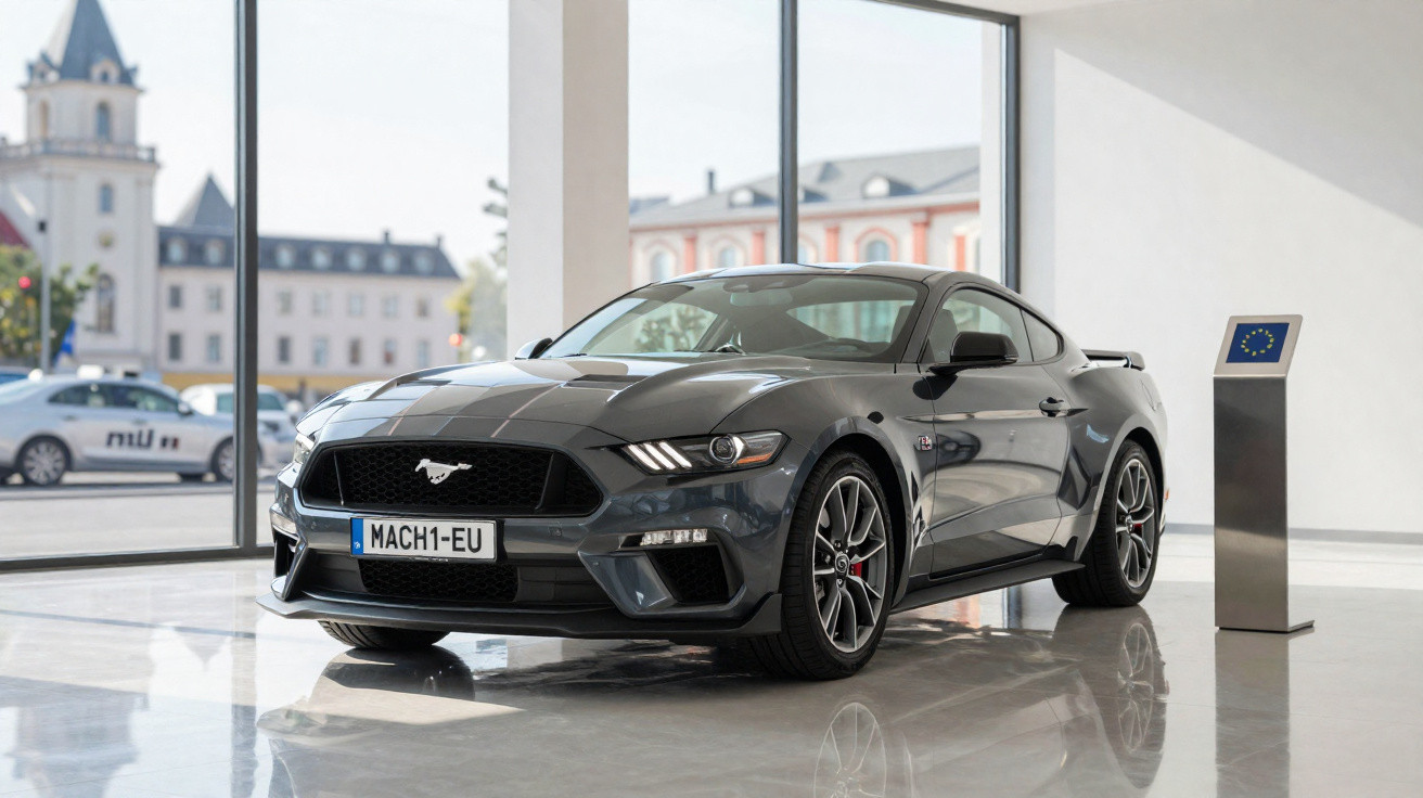 Dunkelgrauer Ford Mustang Mach-E Elektro-Sportwagen in modernem Ausstellungsraum mit großem Fenster.