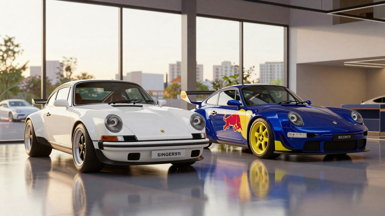 Zwei klassische Porsche 911 in einem Showroom, ein weißer Singer und ein blauer mit Red-Bull-Design.