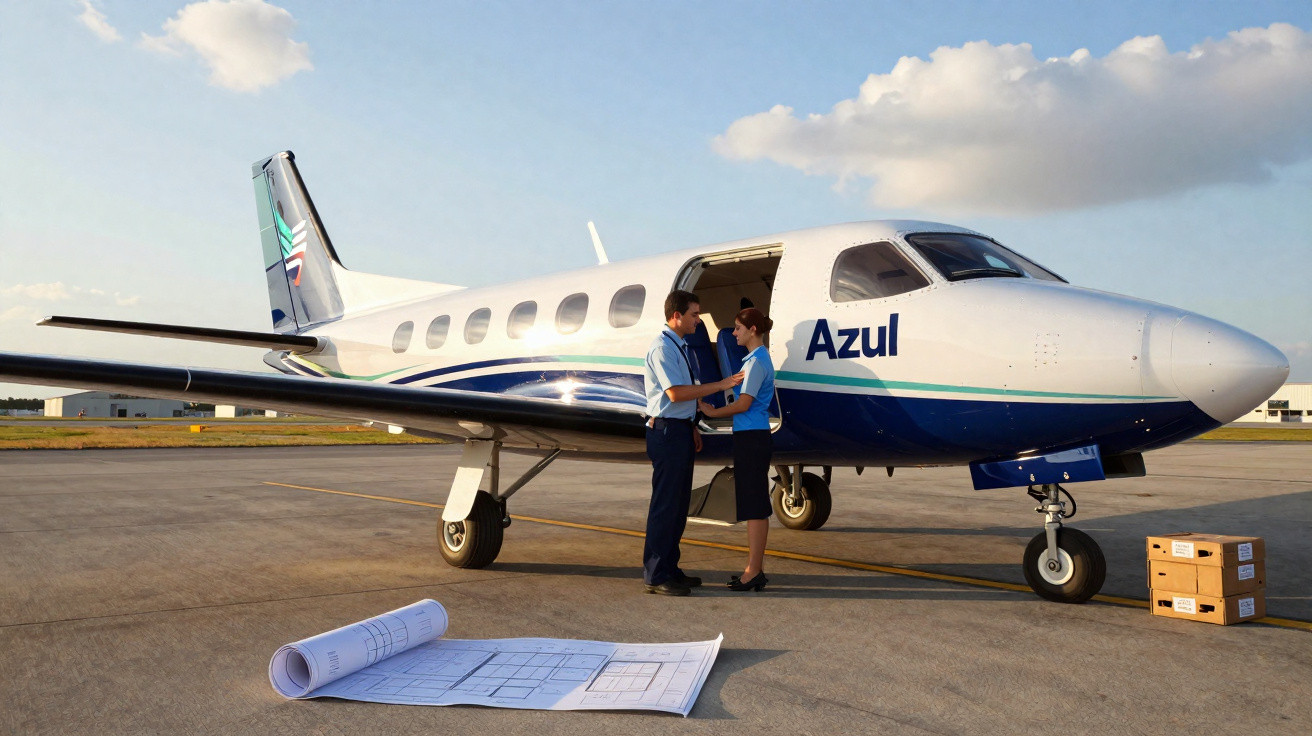 Kleines Passagierflugzeug mit offener Tür, Pilot und Flugbegleiter stehen vor dem Flugzeug auf dem Rollfeld, Pläne auf dem Bo