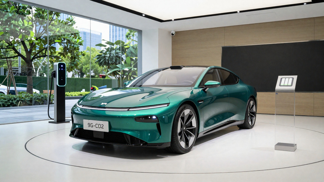 Grünes Elektroauto in modernem Showroom mit Ladestation und großen Fenstern zur begrünten Außenanlage.