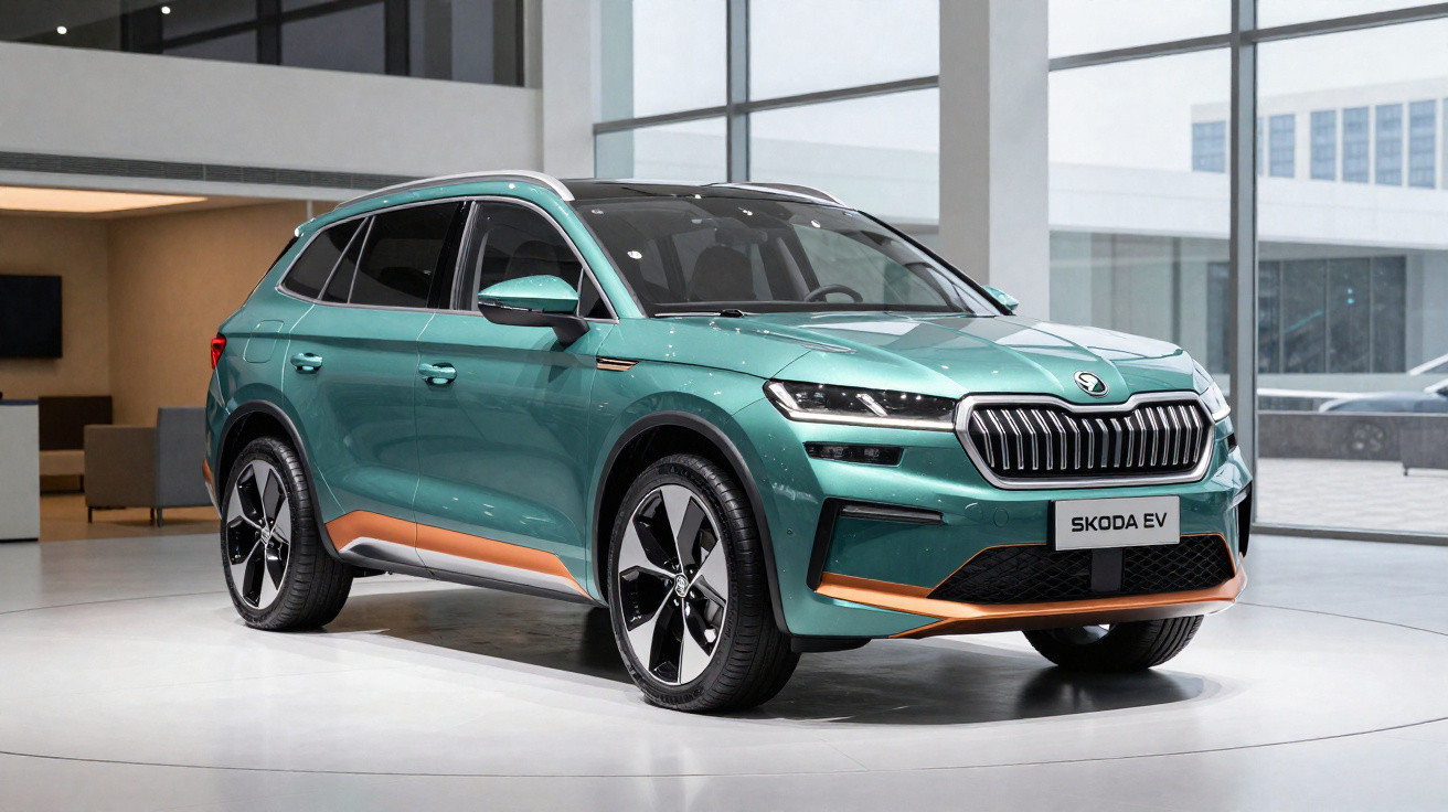Grüner Škoda EV SUV in einem modernen Showroom mit großen Glasfenstern und minimalistischem Interieur.