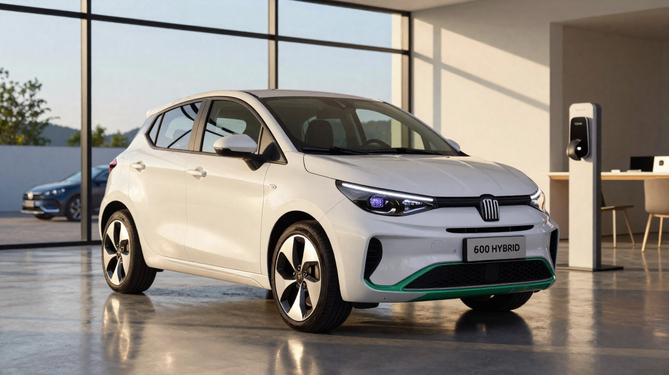Weißer kompakter 600 HYBRID Wagen in moderner, heller Garage mit großer Fensterfront und Ladestation.