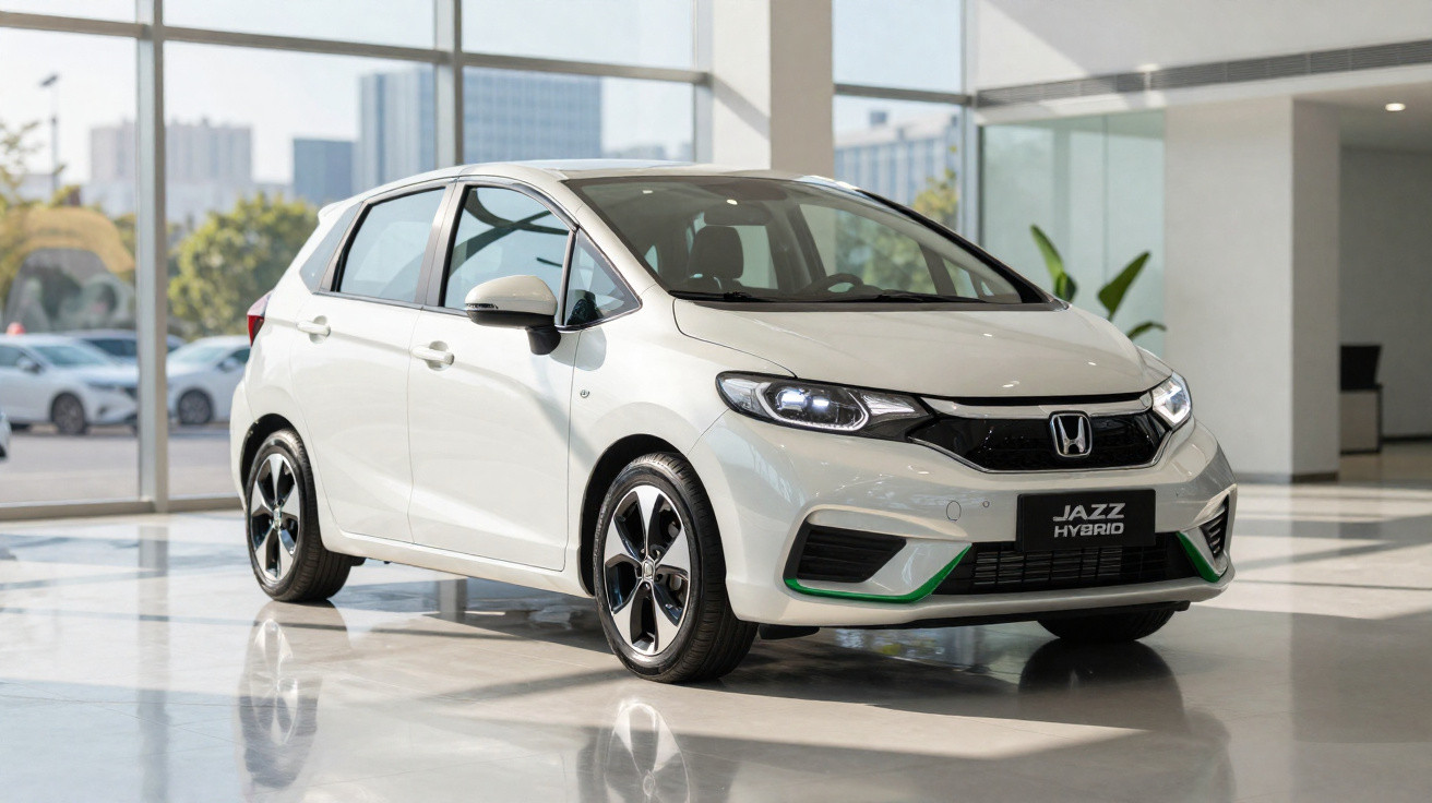 Weißer Honda Jazz Hybrid Kleinwagen steht in einem modernen, hellen Showroom.