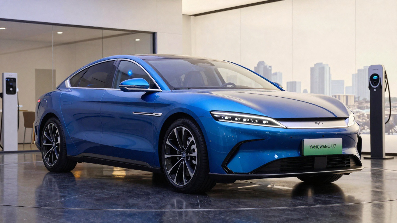 Blaues Elektroauto Yangwang U7 in modernem Innenraum mit Ladesäulen und Stadtbild im Hintergrund.