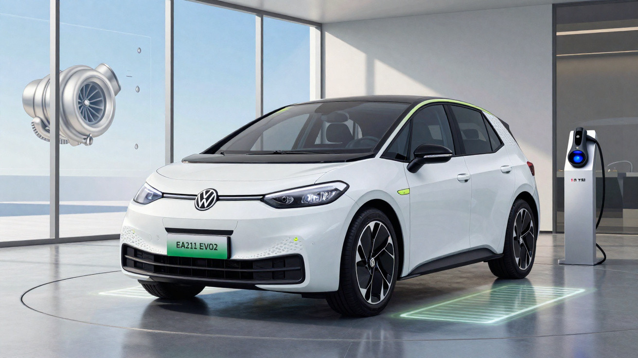 Weißer Volkswagen Elektroauto ID.3 in modernem Showroom neben Ladestation und Turbolader-Wandbild.