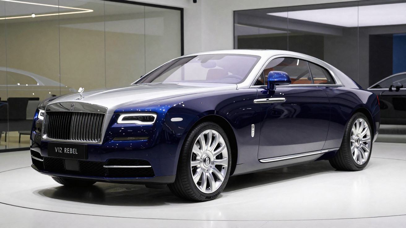 Luxuriöse dunkelblaue Rolls-Royce Coupé Limousine mit silberner Dachlinie und V12 Rebel Schriftzug frontal im Showroom.