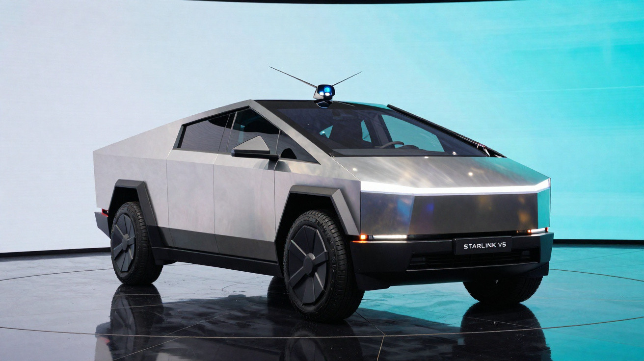 Silberner Tesla Cybertruck mit markanter kantiger Form auf reflektierendem Boden vor blauem Hintergrund.