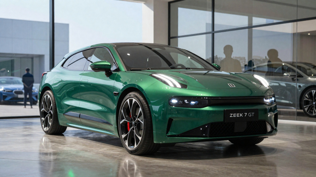 Grüner Zeek 7 GT Sportwagen in moderner Ausstellungshalle mit glänzendem Boden und Glaswänden.