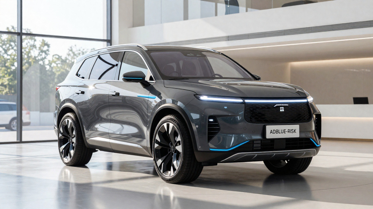 Moderner grauer Elektro-SUV in hellem Showroom mit großem Panoramaglas und futuristischem Design.