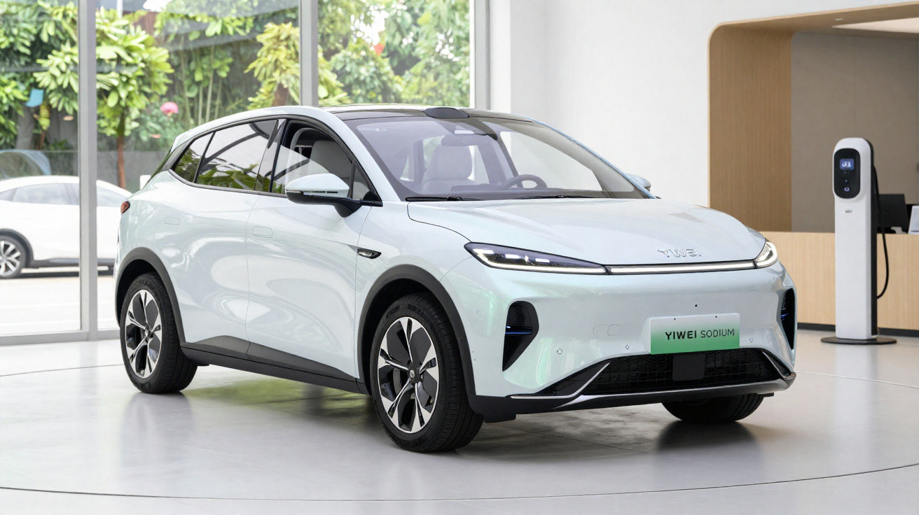 Weißes Elektro-SUV in modernem Showroom mit großen Fenstern und Ladestation im Hintergrund.