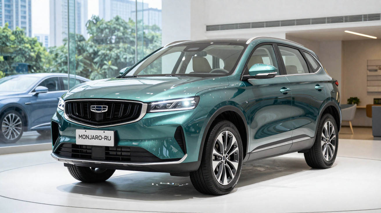 Grüner Geely Monjaro-RU SUV in einem modernen Autohaus vor großen Fenstern.