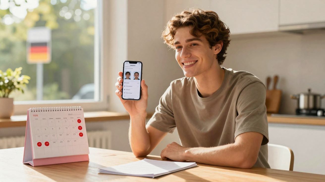 Junger Mann zeigt lächelnd auf Smartphone einen digitalen Ausweis, Kalender und Notizblock auf dem Tisch.