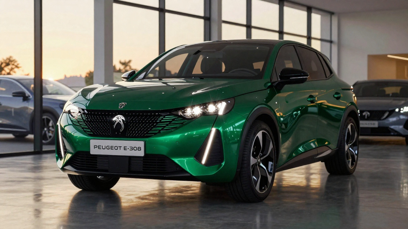 Grüner Peugeot E-308 Elektro-SUV im Showroom mit großen Fenstern und reflektierendem Boden.