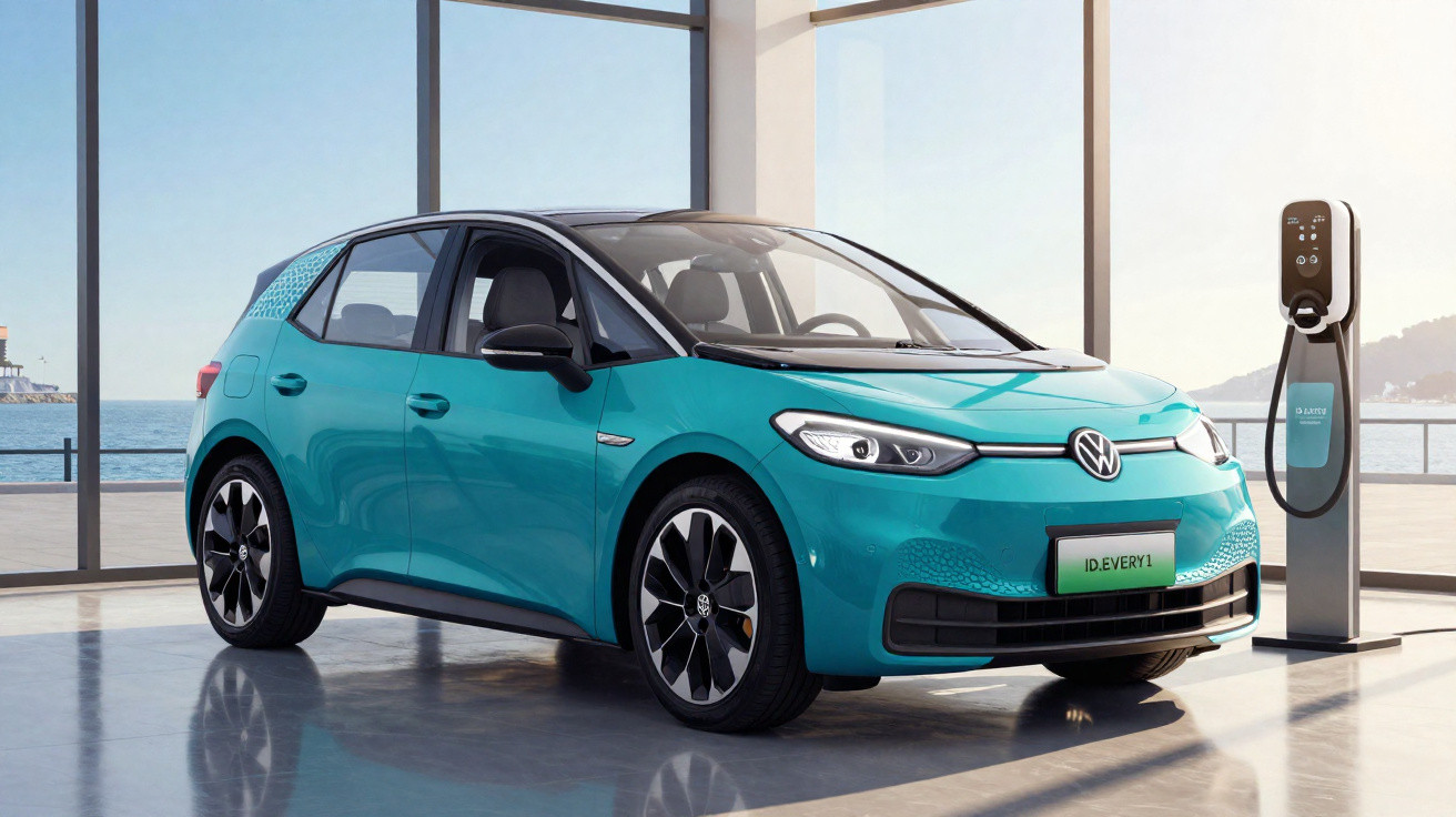 Türkisfarbener Volkswagen ID.3 Elektroauto lädt an Ladestation in modernem, hellem Gebäude mit Meerblick.