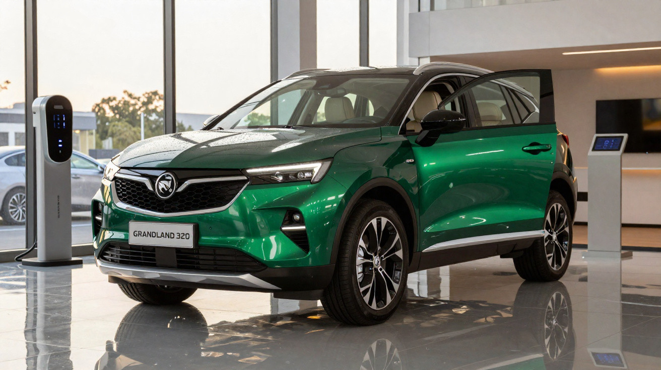 Grüner Opel Grandland 320 SUV in modernem Showroom neben Ladestation und geöffnetem Vordertür.