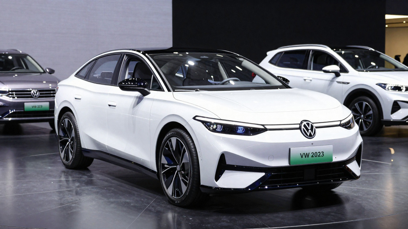 Weißer Volkswagen VW 2023 Elektroauto im Ausstellungsraum, umgeben von weiteren Fahrzeugen.