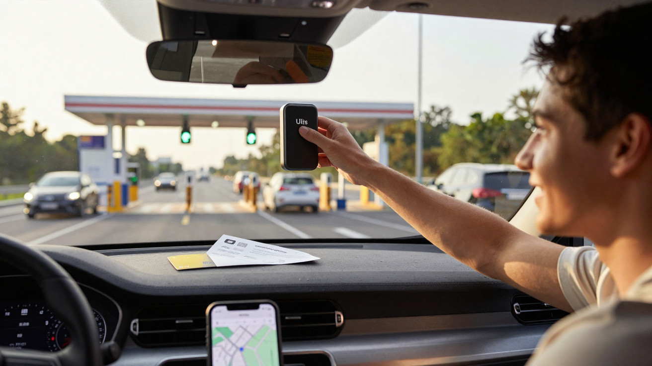 Junger Mann hält ein elektronisches Mautgerät im Auto an eine Mautstation mit grünen Ampeln.
