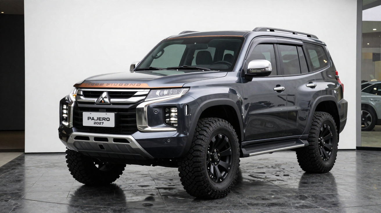 Mitsubishi Pajero 2027 SUV in Anthrazit mit robustem Design und großen Offroad-Reifen, seitlich und frontal sichtbar.