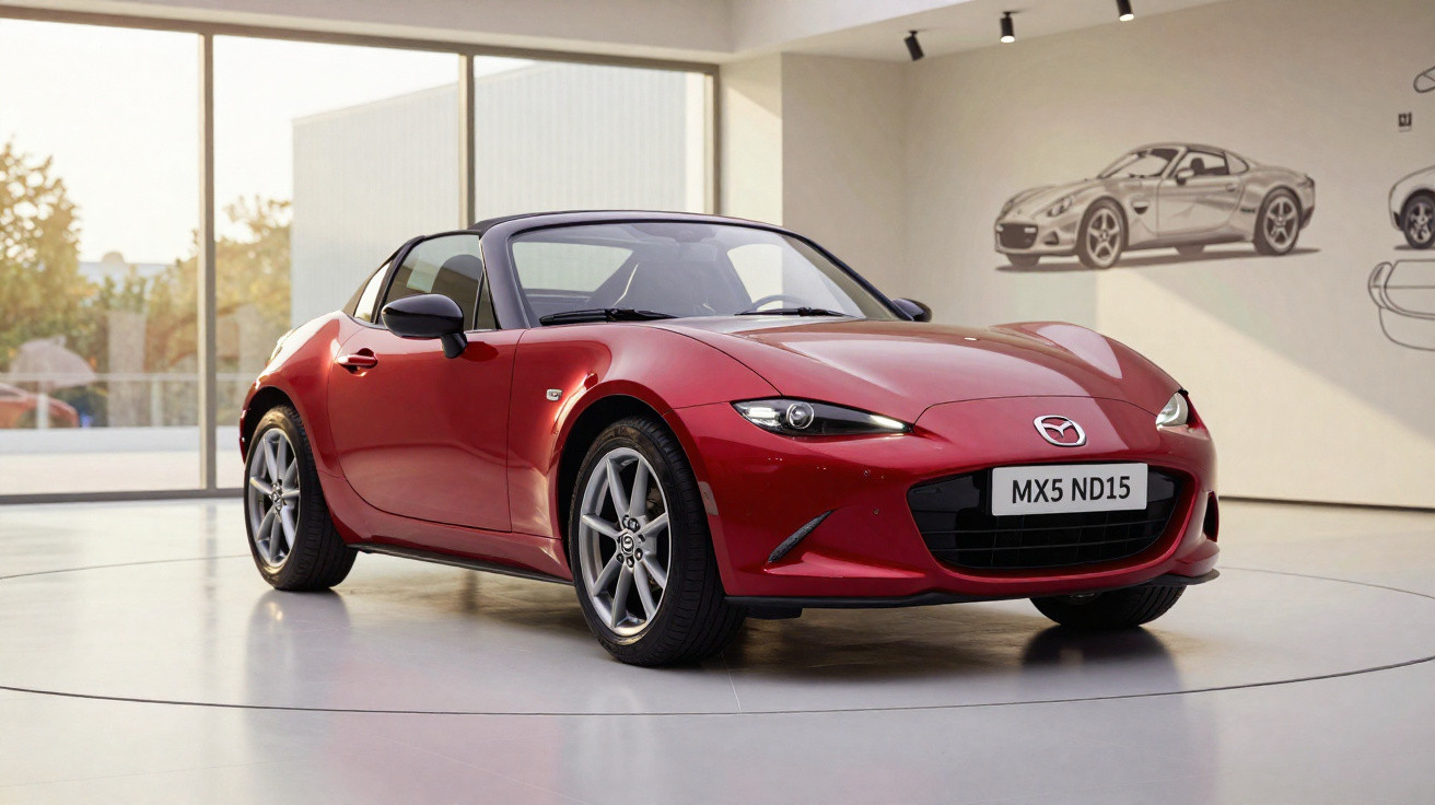 Roter Mazda MX-5 Sportwagen in moderner Ausstellungshalle mit großen Fenstern und Fahrzeugzeichnungen an der Wand.