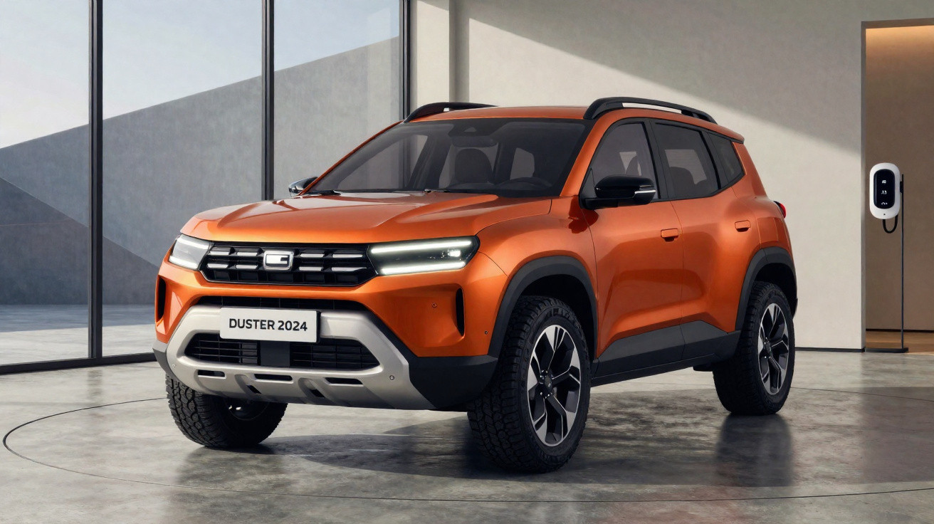 Oranger Dacia Duster 2024 SUV in modernem Showroom mit Ladestation an der Wand.