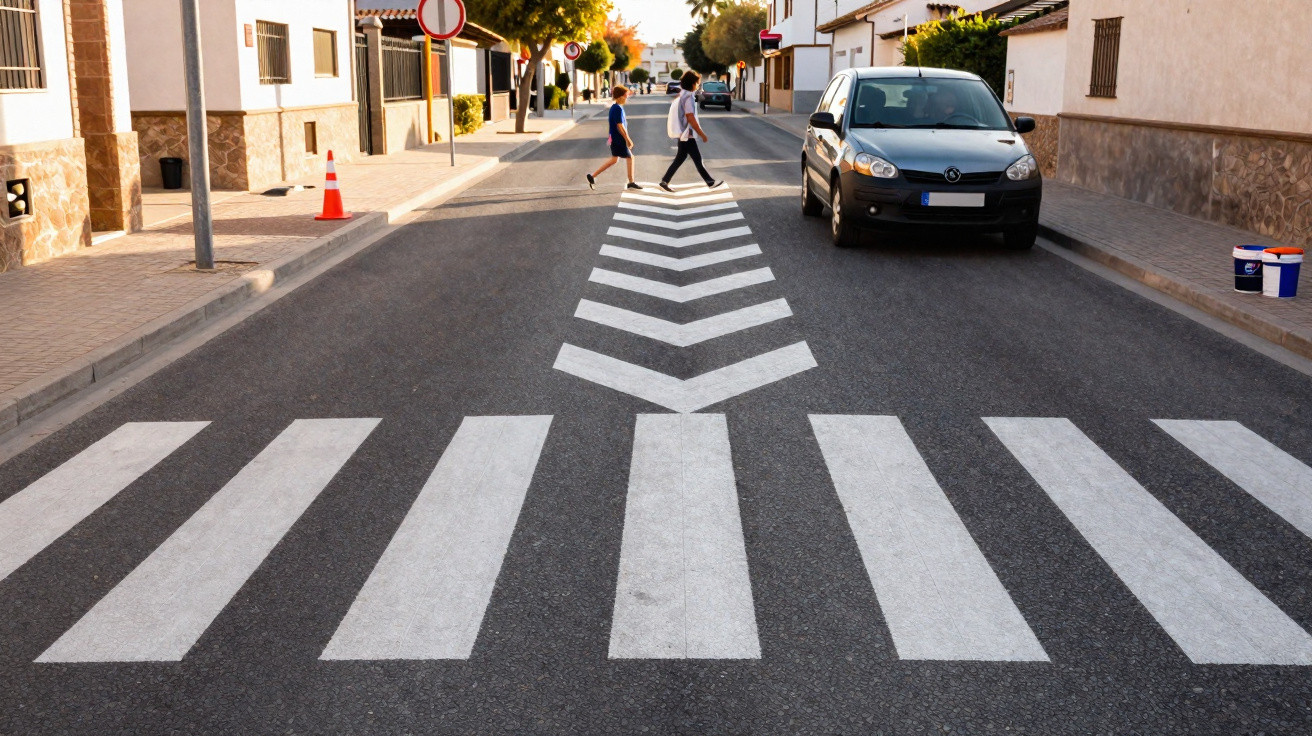 Zebrastreifen mit Pfeilmuster auf Straße, zwei Fußgänger überqueren, Auto parkt am Straßenrand in Wohnstraße.