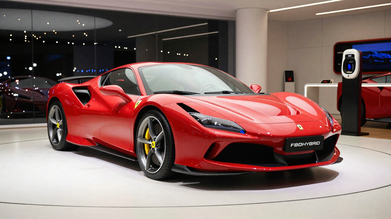 Roter Ferrari F8 Hybrid Sportwagen in modernem Showroom neben Ladestation präsentiert.