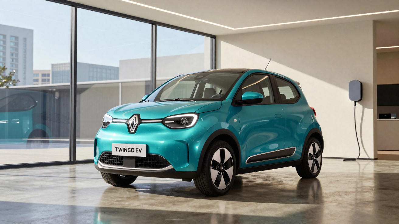 Blauer Renault Twingo EV Elektroauto in moderner Garage mit Ladestation an der Wand.