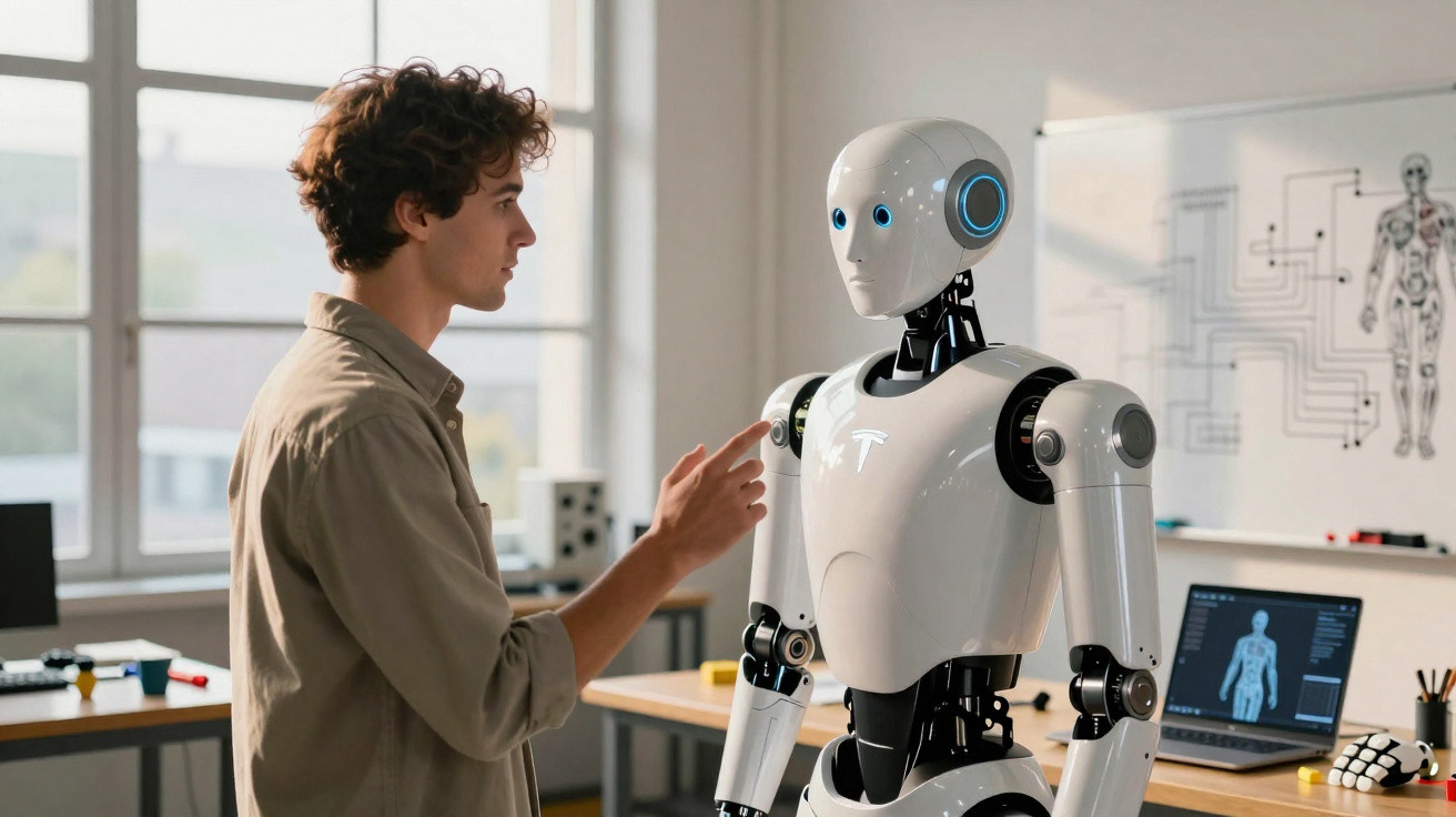 Junger Mann interagiert mit humanoidem Roboter in modernem Labor vor Computer mit anatomischer Grafik.