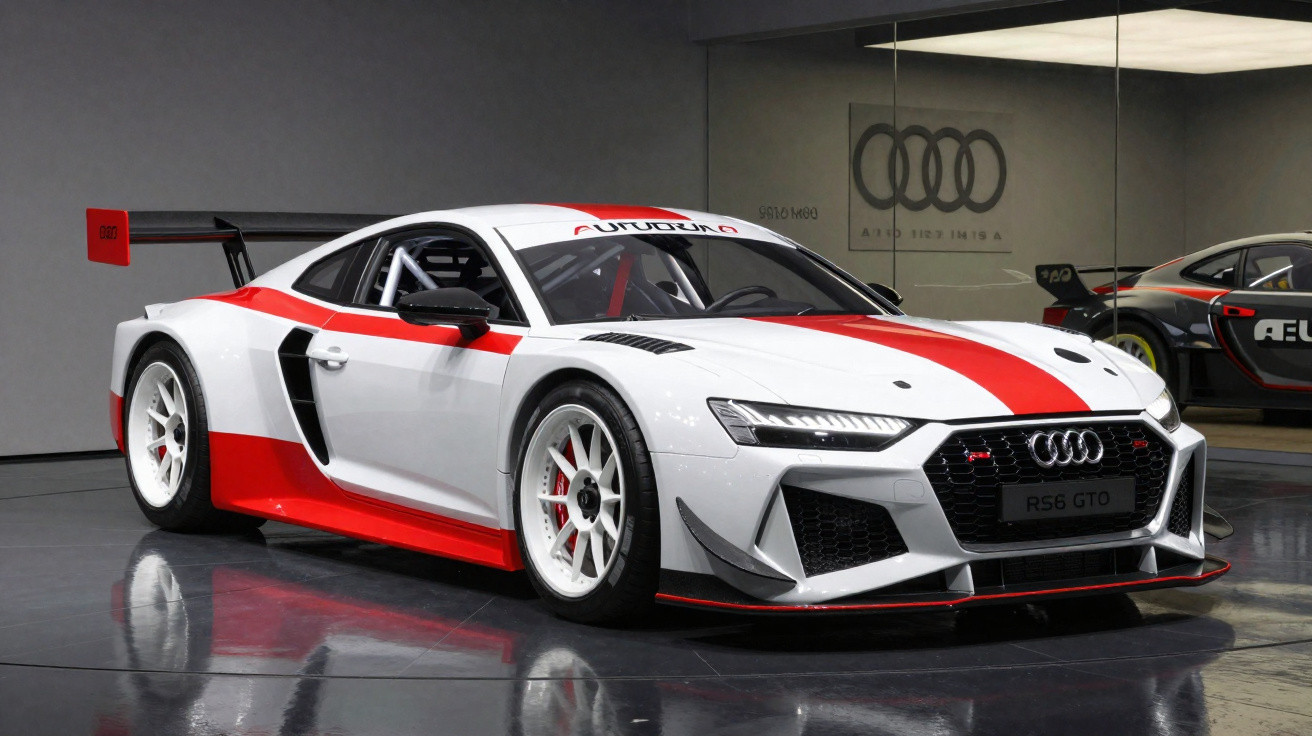 Weiß-rotes Audi RS6 GTO Rennsportauto mit großem Heckflügel in Ausstellungshalle.