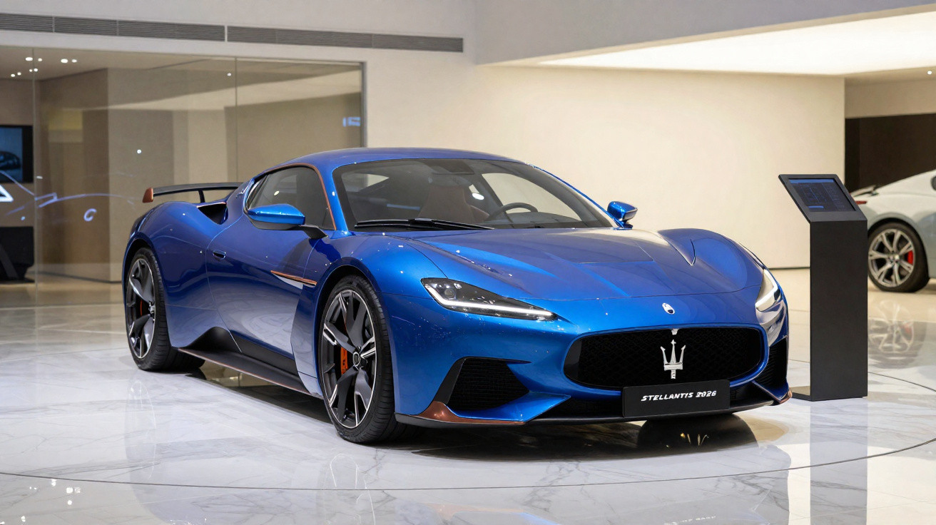 Blauer Maserati Supersportwagen mit modernem Design in einer hellen Ausstellungsfläche.