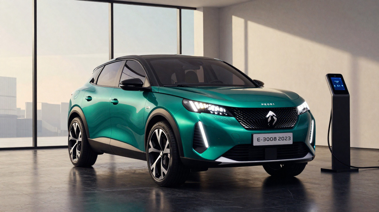 Grüner Peugeot E-3008 SUV 2023 beim Laden an einer Ladestation in einem hellen Raum mit großen Fenstern.